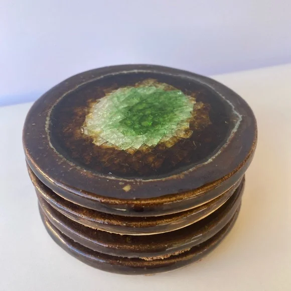 Handmade Ceramic Pottery Coasters with Crushed Glass/Crystal Center - Picture 3 of 9